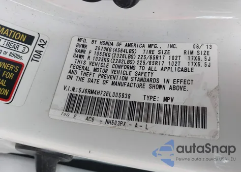 2014 Honda Cr-V Ex-L z USA, uszkodzony, nr VIN 5J6RM4H73EL005939